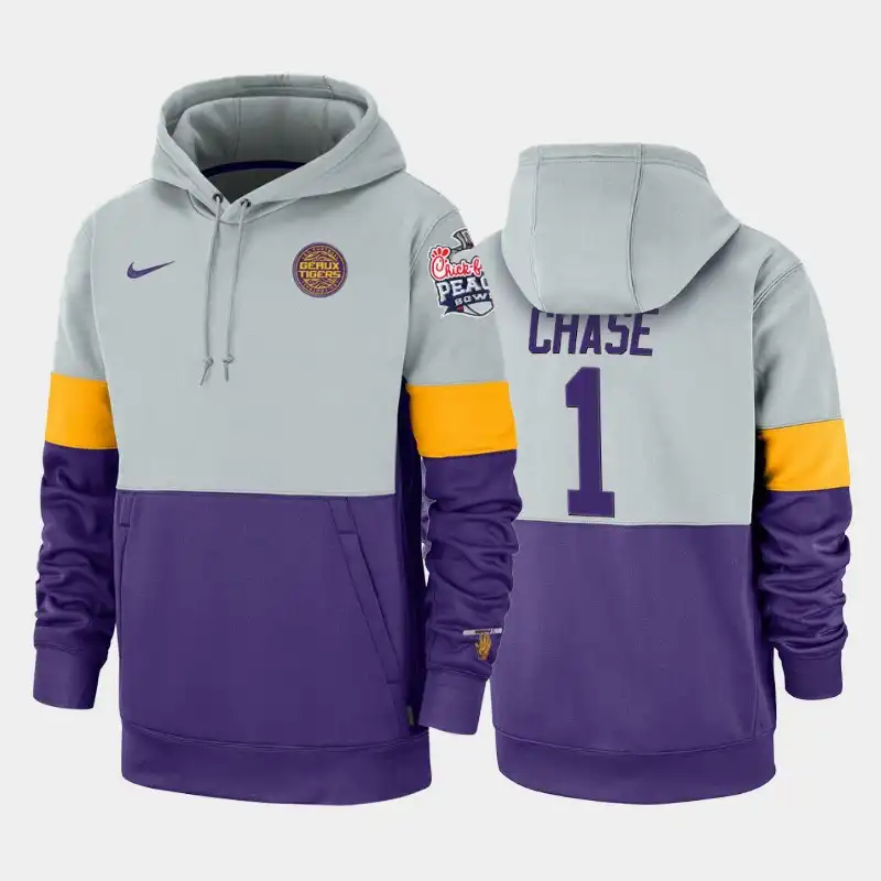 Men's LSU Tigers Ja'Marr Chase #1 Purple Gray Rivalry Therma Performance 2019-20 Peach Bowl Champions NCAA Football Hoodie